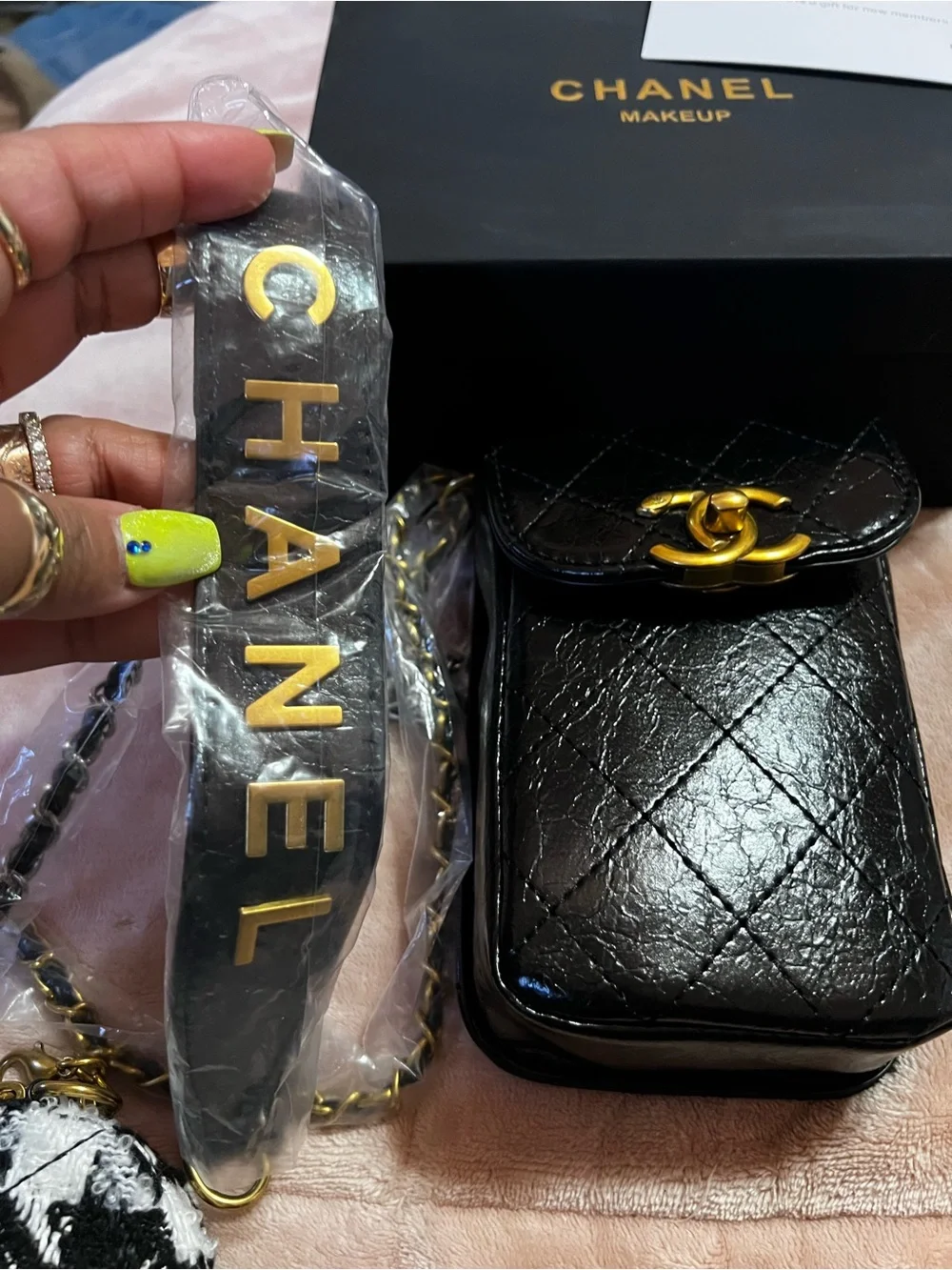 Chanel Black Quilted Leather Phone Pouch with Houndstooth Coin Case with COA